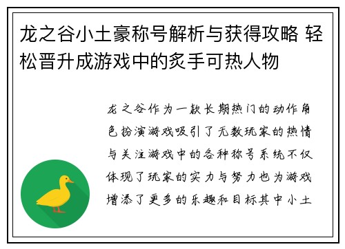 龙之谷小土豪称号解析与获得攻略 轻松晋升成游戏中的炙手可热人物