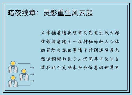 暗夜续章：灵影重生风云起